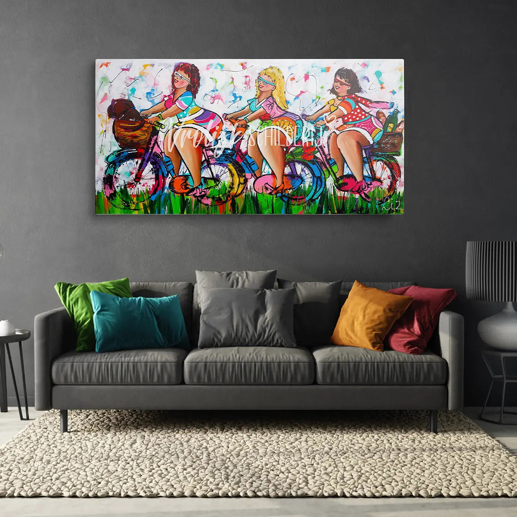 3 Dikke dames op de fiets | Vrolijk Schilderij | Schilderen op nummer | Diamond painting | Dot painting