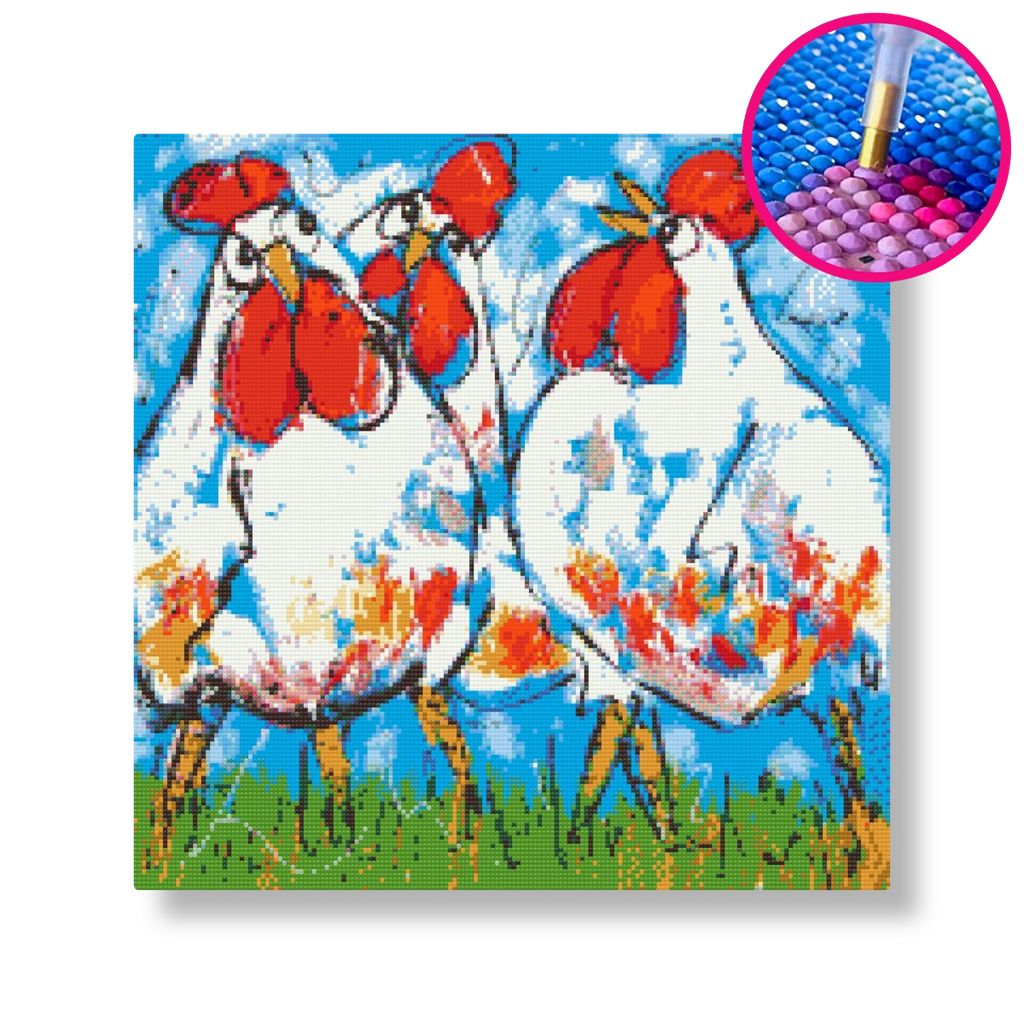 3 Gekke kippen | Diamond painting | Vrolijk Schilderij | Schilderen op nummer | Diamond painting | Dot painting