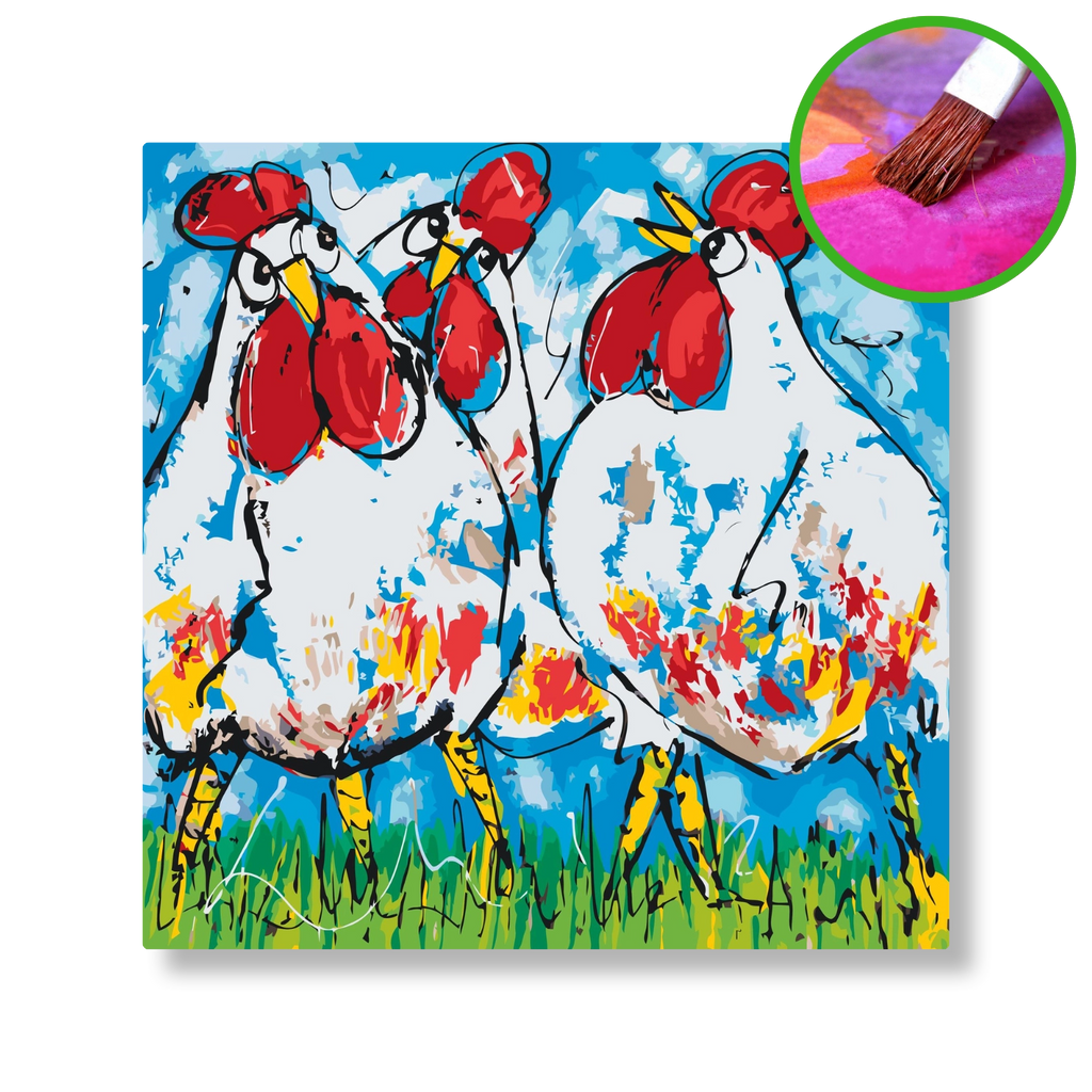 3 Gekke kippen | Schilderen op nummer | Vrolijk Schilderij | Schilderen op nummer | Diamond painting | Dot painting