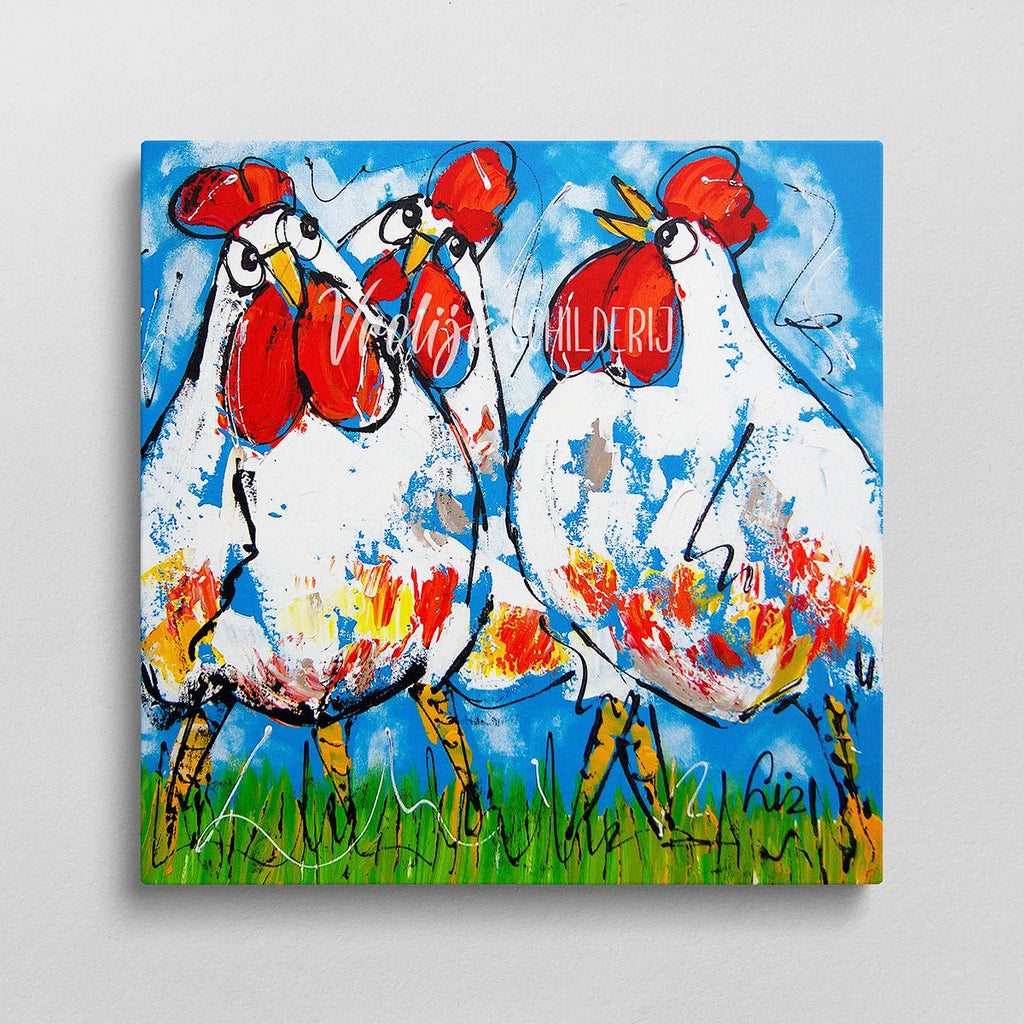 3 Gekke kippen | Vrolijk Schilderij | Schilderen op nummer | Diamond painting | Dot painting