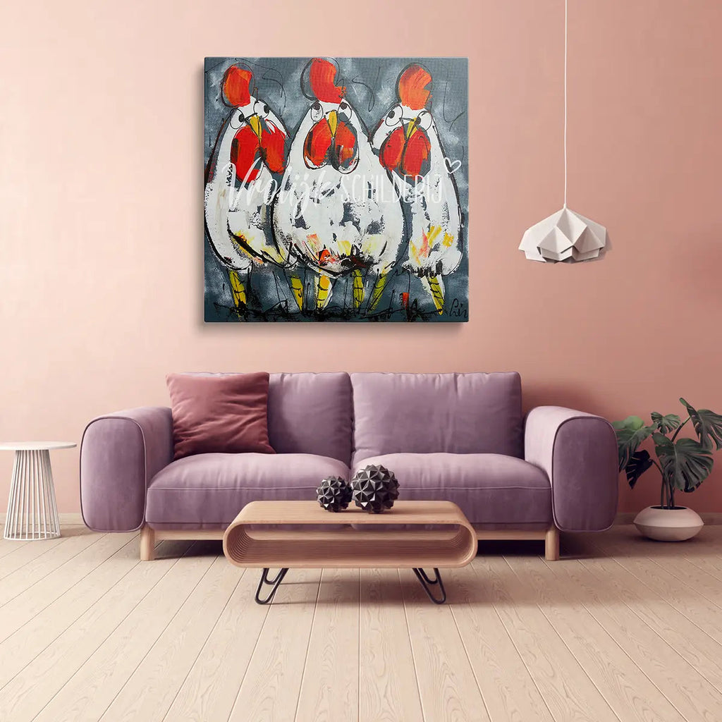 3 Verbaasde kippen | Vrolijk Schilderij | Schilderen op nummer | Diamond painting | Dot painting