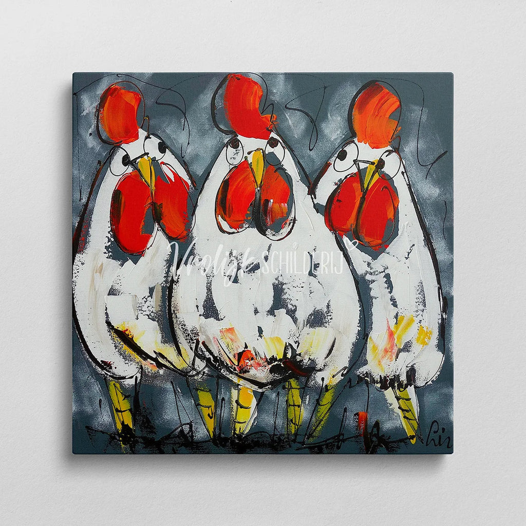 3 Verbaasde kippen | Vrolijk Schilderij | Schilderen op nummer | Diamond painting | Dot painting