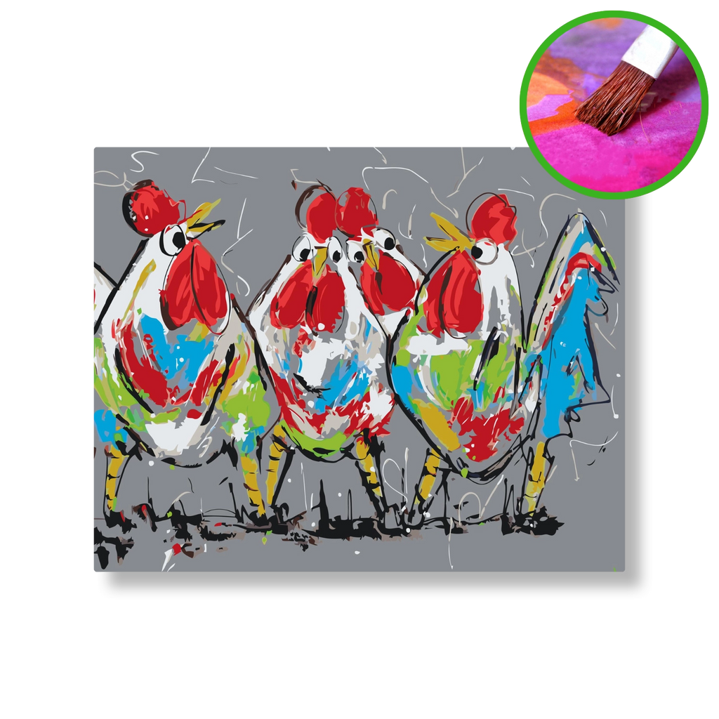 3 Vrolijke kippen | Schilderen op nummer | Vrolijk Schilderij | Schilderen op nummer | Diamond painting | Dot painting