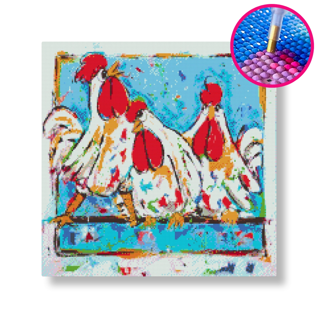3 kippen op stok | Diamond painting | Vrolijk Schilderij | Schilderen op nummer | Diamond painting | Dot painting