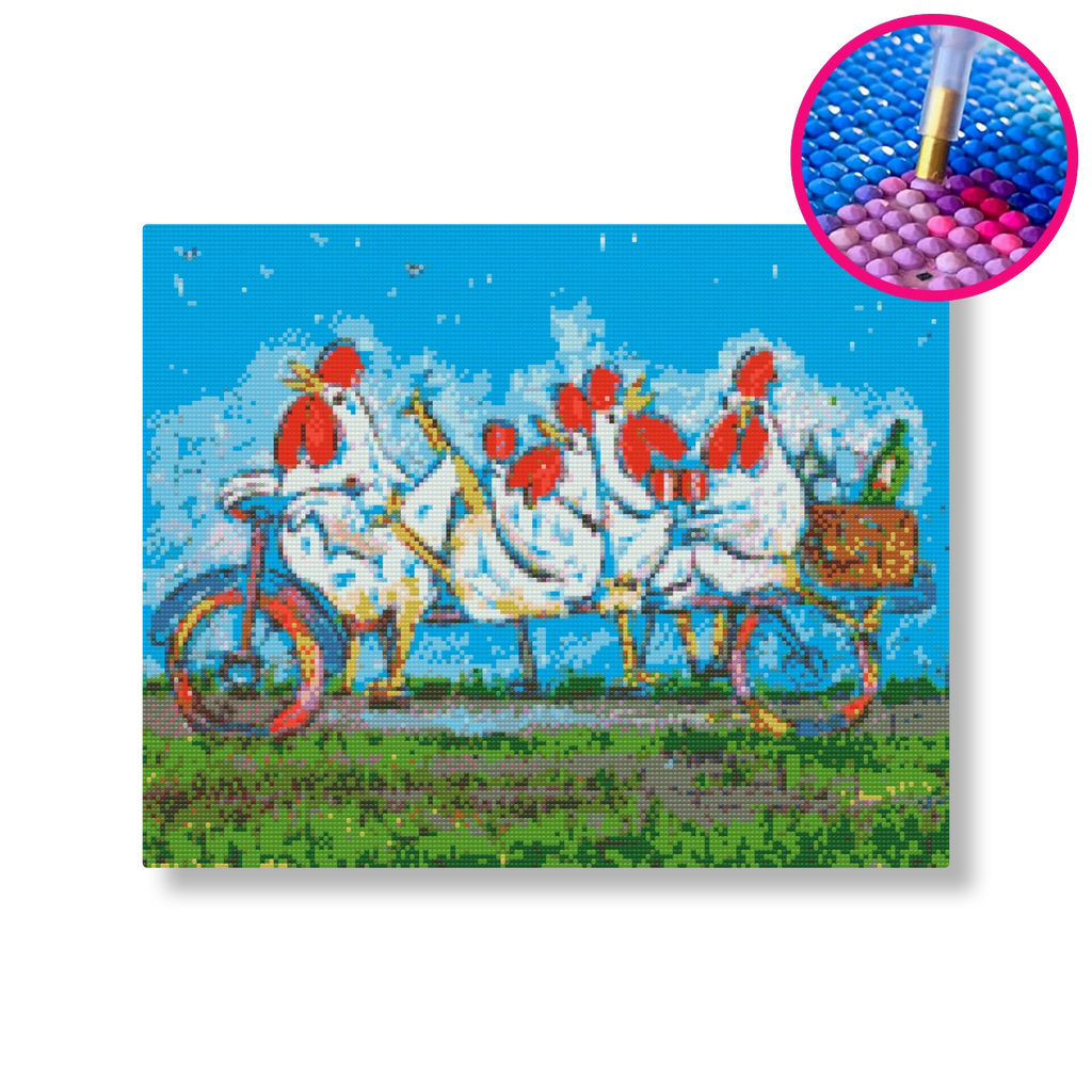 4 Kippen op de fiets | Diamond painting | Vrolijk Schilderij | Schilderen op nummer | Diamond painting | Dot painting