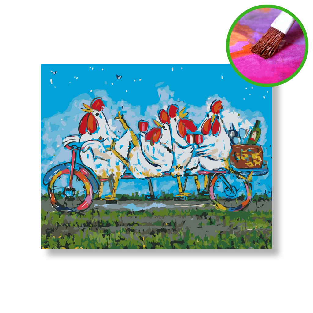 4 Kippen op de fiets | Schilderen op nummer | Vrolijk Schilderij | Schilderen op nummer | Diamond painting | Dot painting