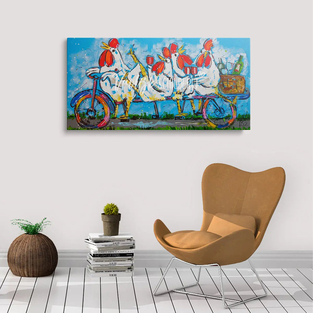 4 Kippen op de fiets | Vrolijk Schilderij | Schilderen op nummer | Diamond painting | Dot painting