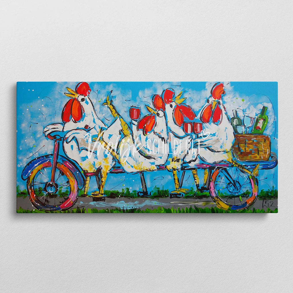 4 Kippen op de fiets | Vrolijk Schilderij | Schilderen op nummer | Diamond painting | Dot painting