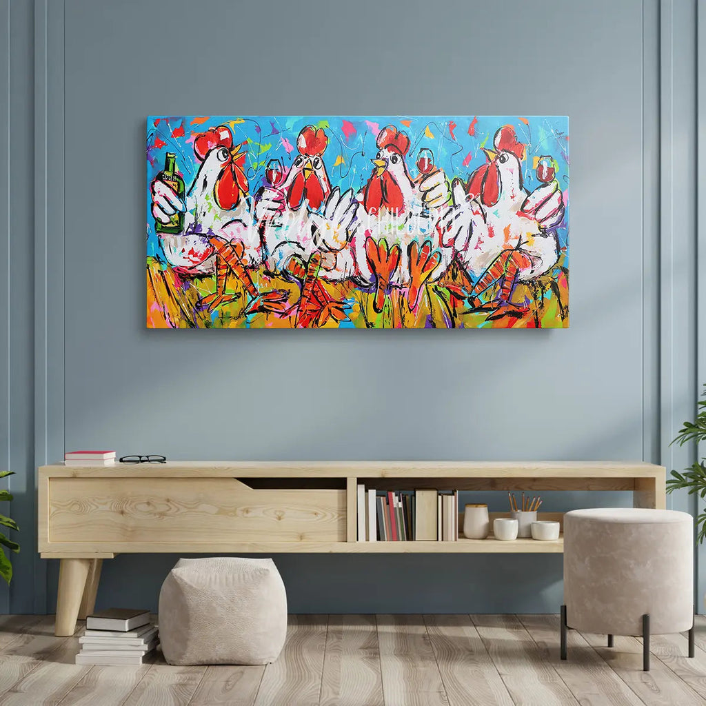4 Proostende kippen | Vrolijk Schilderij | Schilderen op nummer | Diamond painting | Dot painting