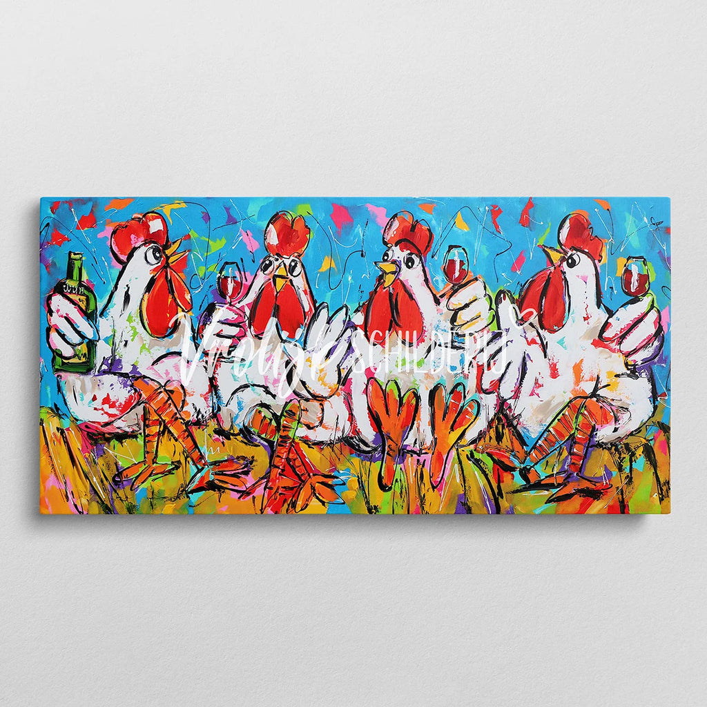 4 Proostende kippen | Vrolijk Schilderij | Schilderen op nummer | Diamond painting | Dot painting