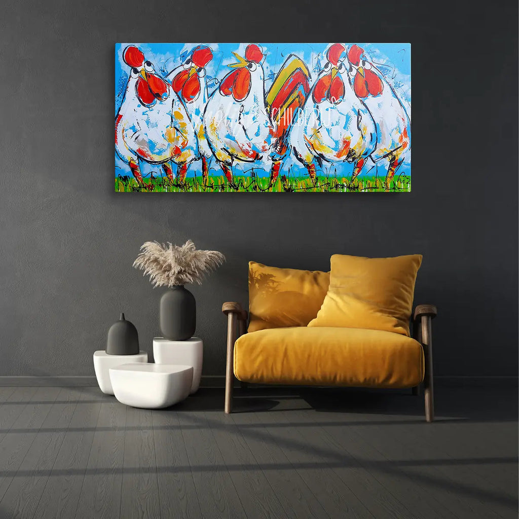 5 Gekke kippen | Vrolijk Schilderij | Schilderen op nummer | Diamond painting | Dot painting