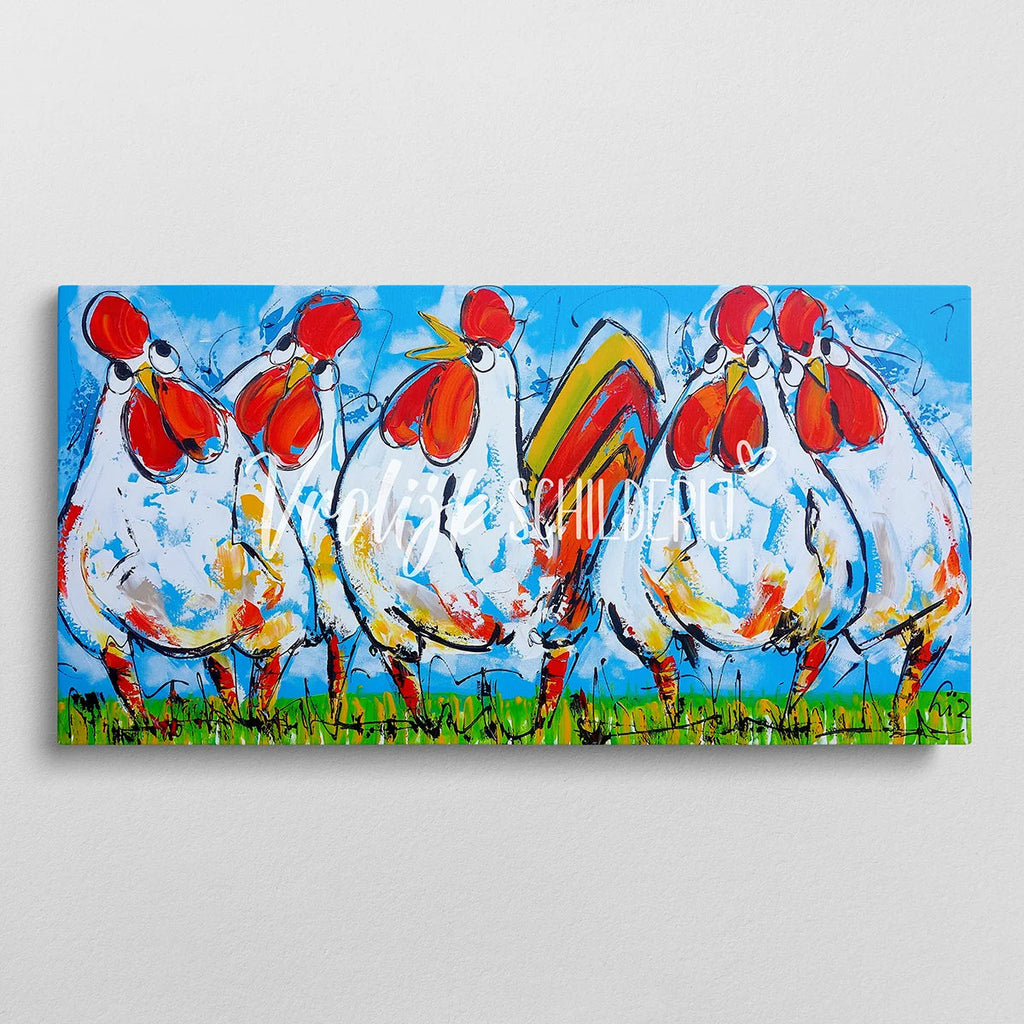 5 Gekke kippen | Vrolijk Schilderij | Schilderen op nummer | Diamond painting | Dot painting