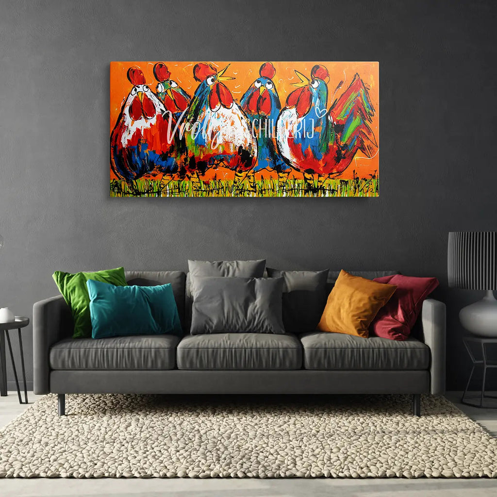 5 Kakelende kippen | Vrolijk Schilderij | Schilderen op nummer | Diamond painting | Dot painting