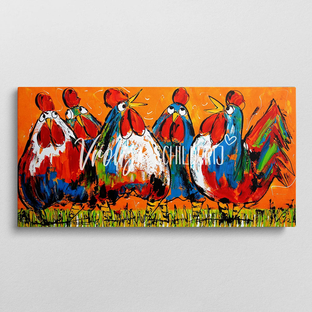 5 Kakelende kippen | Vrolijk Schilderij | Schilderen op nummer | Diamond painting | Dot painting