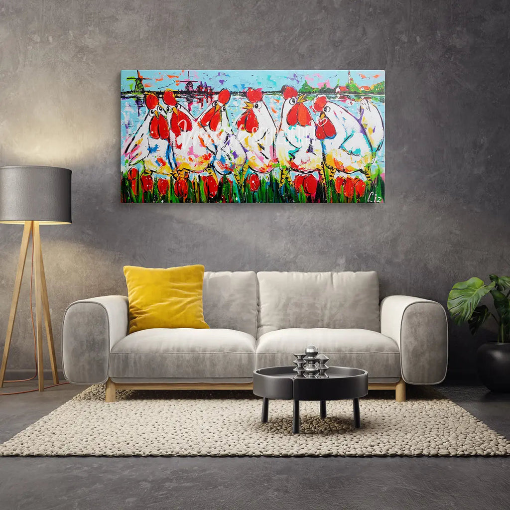5 Kippen aan het water | Vrolijk Schilderij | Schilderen op nummer | Diamond painting | Dot painting