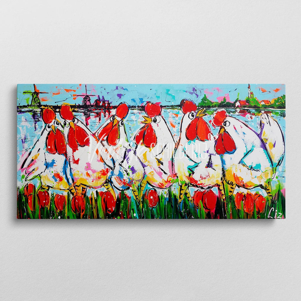 5 Kippen aan het water | Vrolijk Schilderij | Schilderen op nummer | Diamond painting | Dot painting