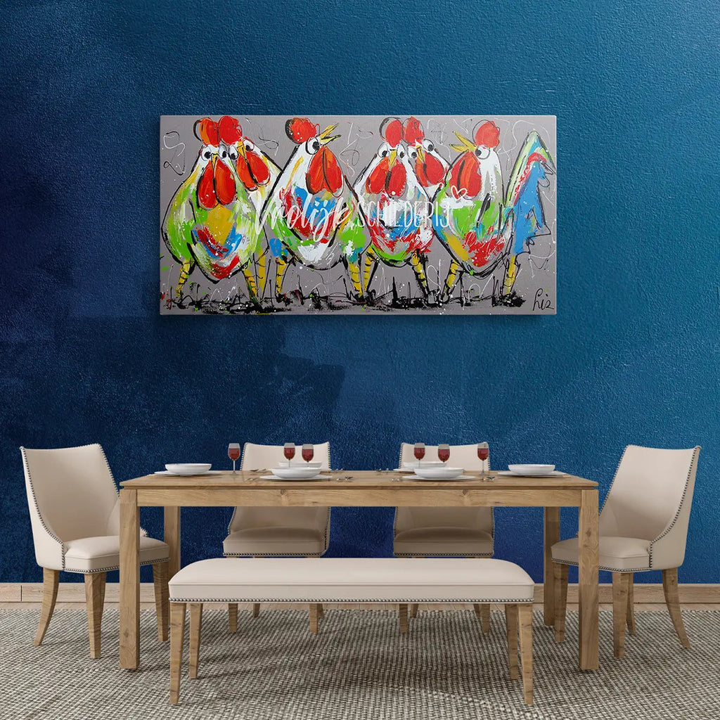 6 Vrolijke kippen | Vrolijk Schilderij | Schilderen op nummer | Diamond painting | Dot painting