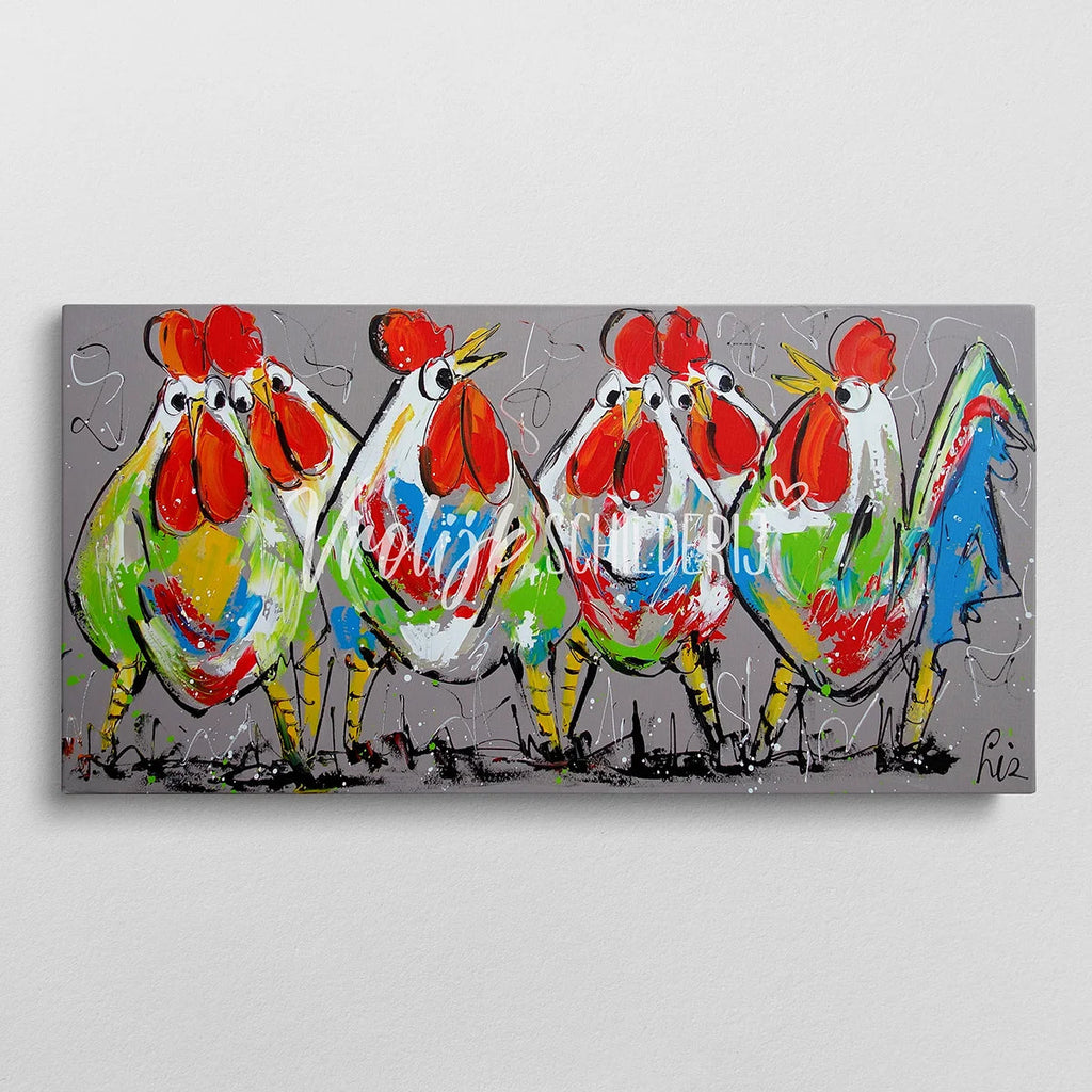 6 Vrolijke kippen | Vrolijk Schilderij | Schilderen op nummer | Diamond painting | Dot painting