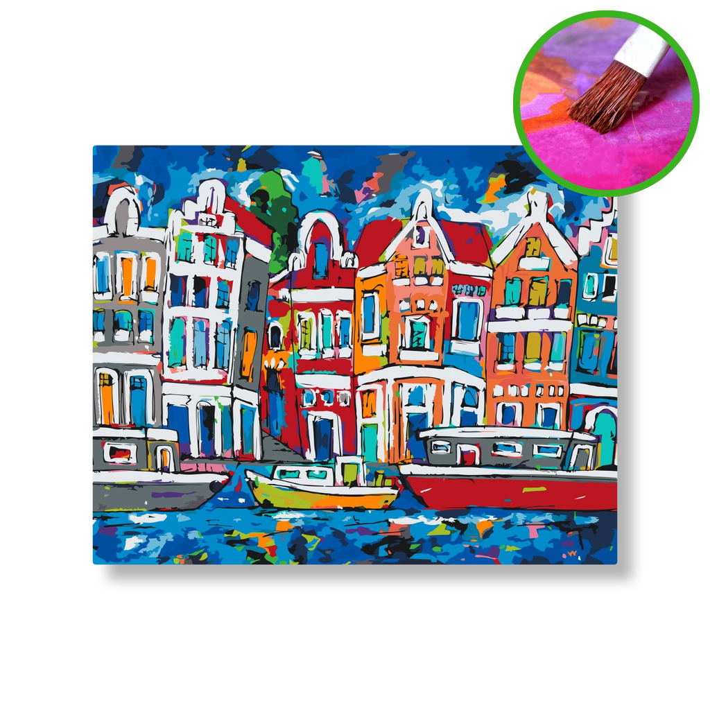 Bootjes in de gracht | Schilderen op nummer | Vrolijk Schilderij | Schilderen op nummer | Diamond painting | Dot painting