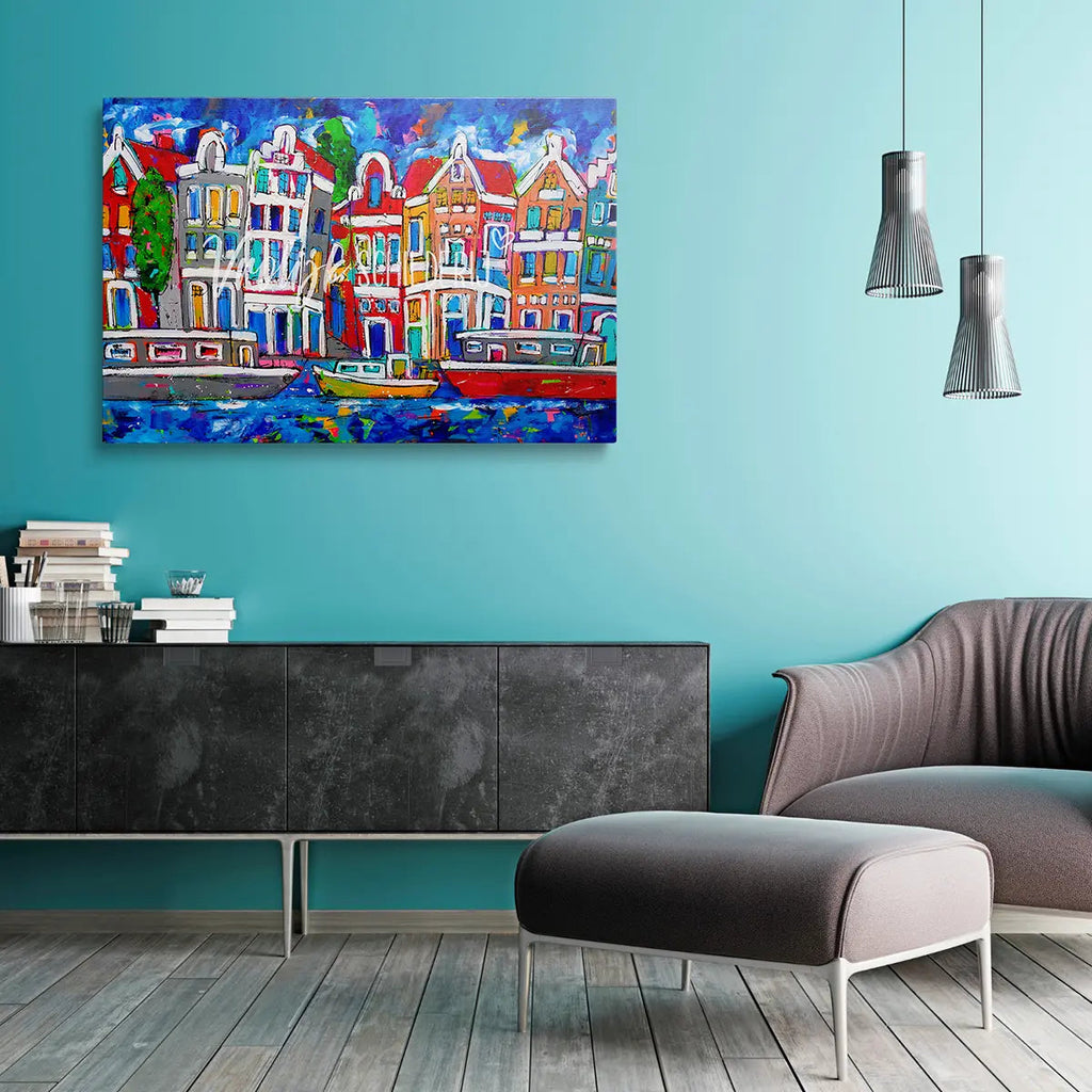 Bootjes in de gracht | Vrolijk Schilderij | Schilderen op nummer | Diamond painting | Dot painting