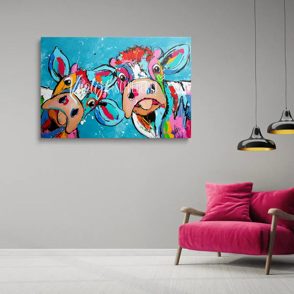 De 2 vrolijke koeien | Vrolijk Schilderij | Schilderen op nummer | Diamond painting | Dot painting