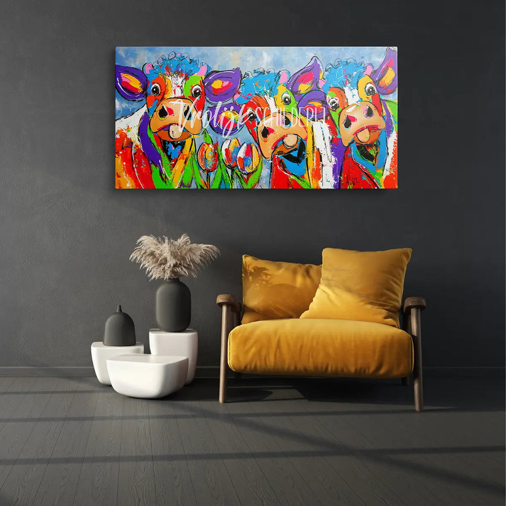 De 3 vrolijke koeien | Vrolijk Schilderij | Schilderen op nummer | Diamond painting | Dot painting