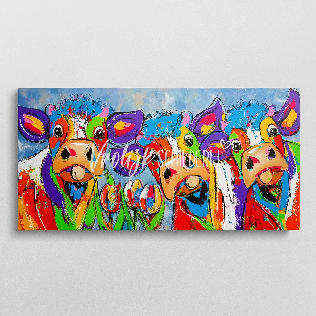 De 3 vrolijke koeien | Vrolijk Schilderij | Schilderen op nummer | Diamond painting | Dot painting