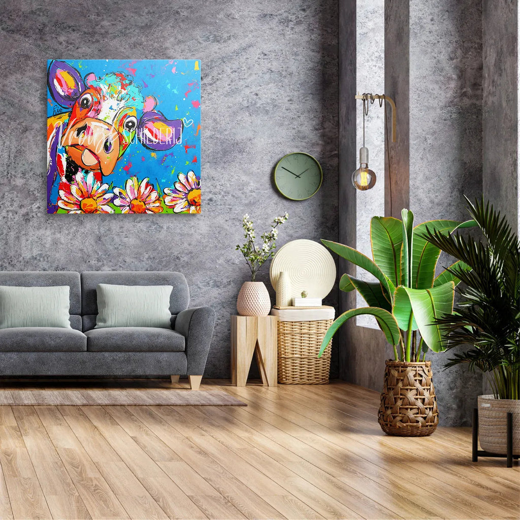 De gekke koe en bloemen | Vrolijk Schilderij | Schilderen op nummer | Diamond painting | Dot painting