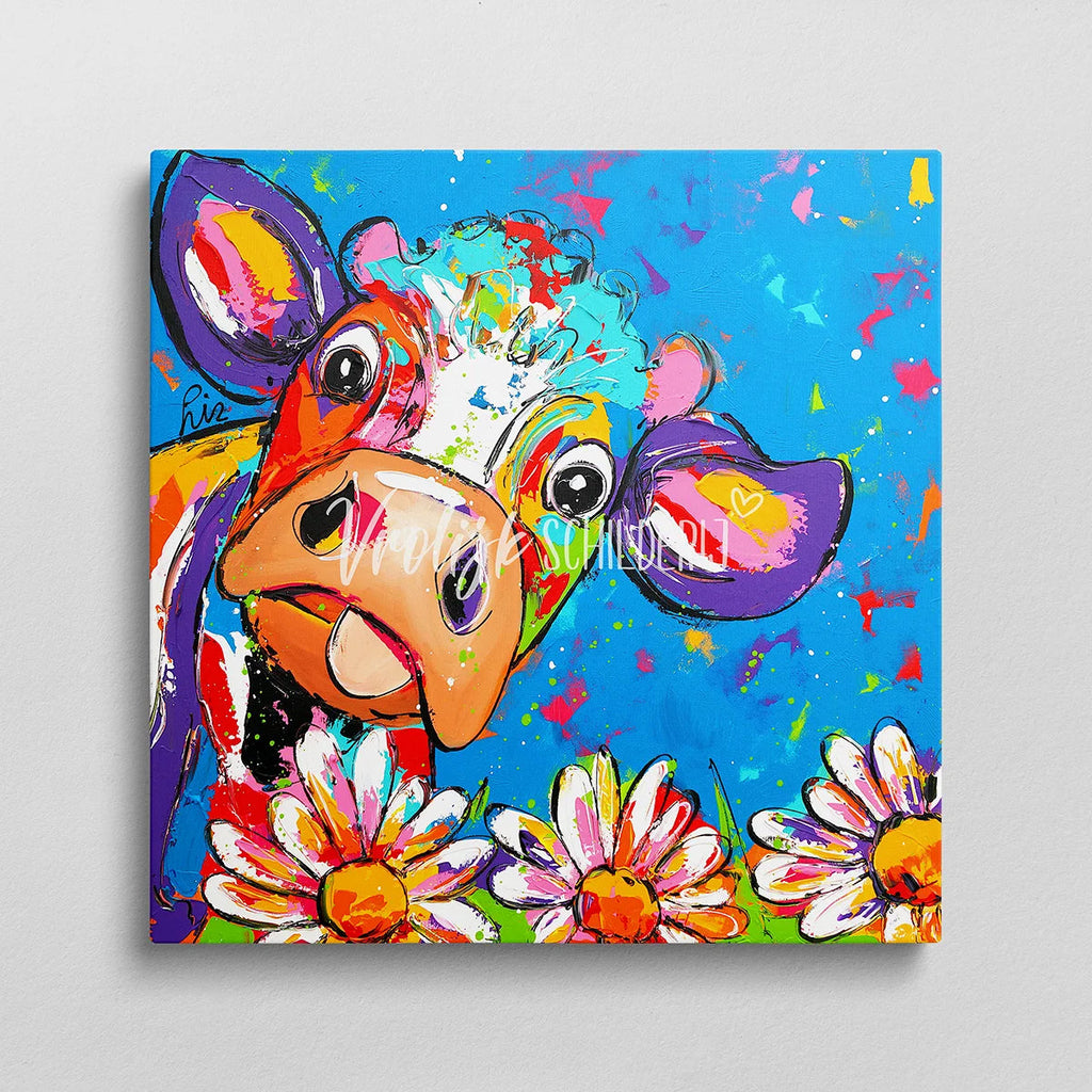 De gekke koe en bloemen | Vrolijk Schilderij | Schilderen op nummer | Diamond painting | Dot painting