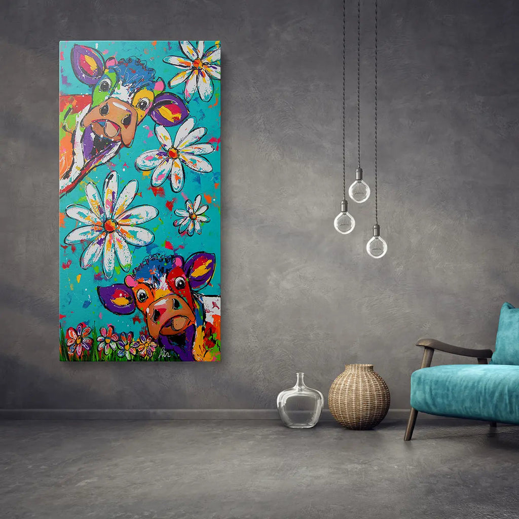 De gekke koeien en bloemen | Vrolijk Schilderij | Schilderen op nummer | Diamond painting | Dot painting