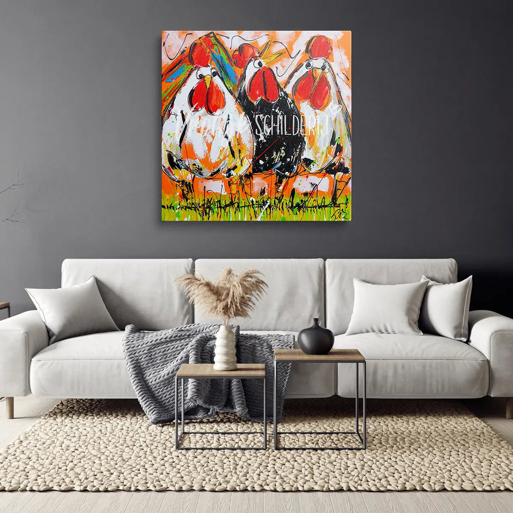 De haan en 2 kippen | Vrolijk Schilderij | Schilderen op nummer | Diamond painting | Dot painting