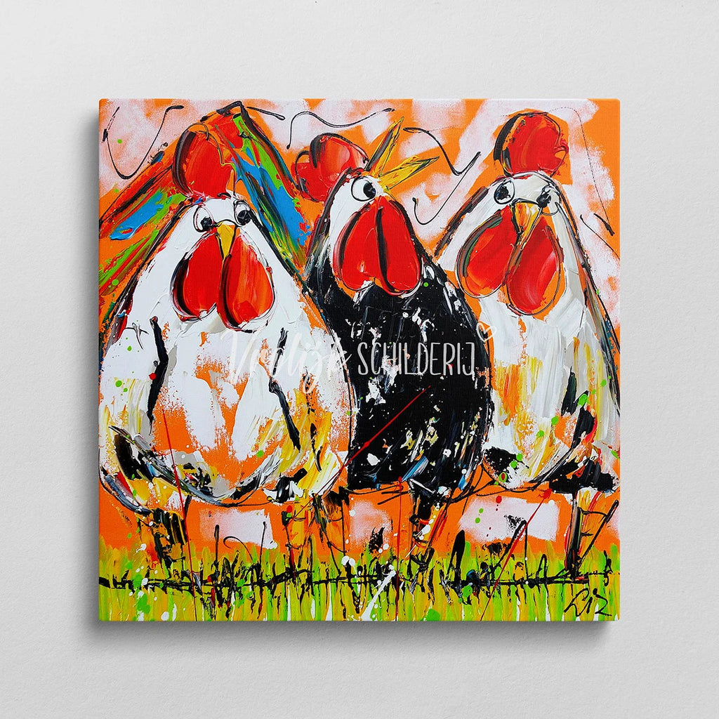 De haan en 2 kippen | Vrolijk Schilderij | Schilderen op nummer | Diamond painting | Dot painting