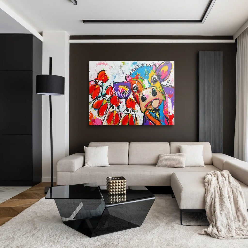 De koe en kippen | Vrolijk Schilderij | Schilderen op nummer | Diamond painting | Dot painting