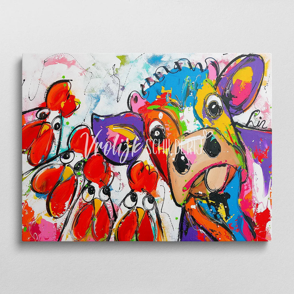De koe en kippen | Vrolijk Schilderij | Schilderen op nummer | Diamond painting | Dot painting