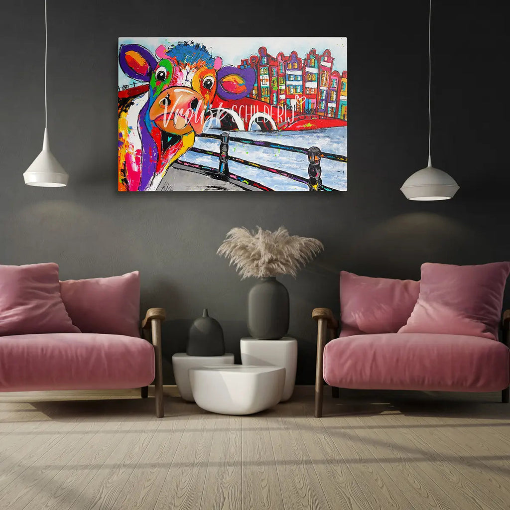 De koe in Amsterdam | Vrolijk Schilderij | Schilderen op nummer | Diamond painting | Dot painting