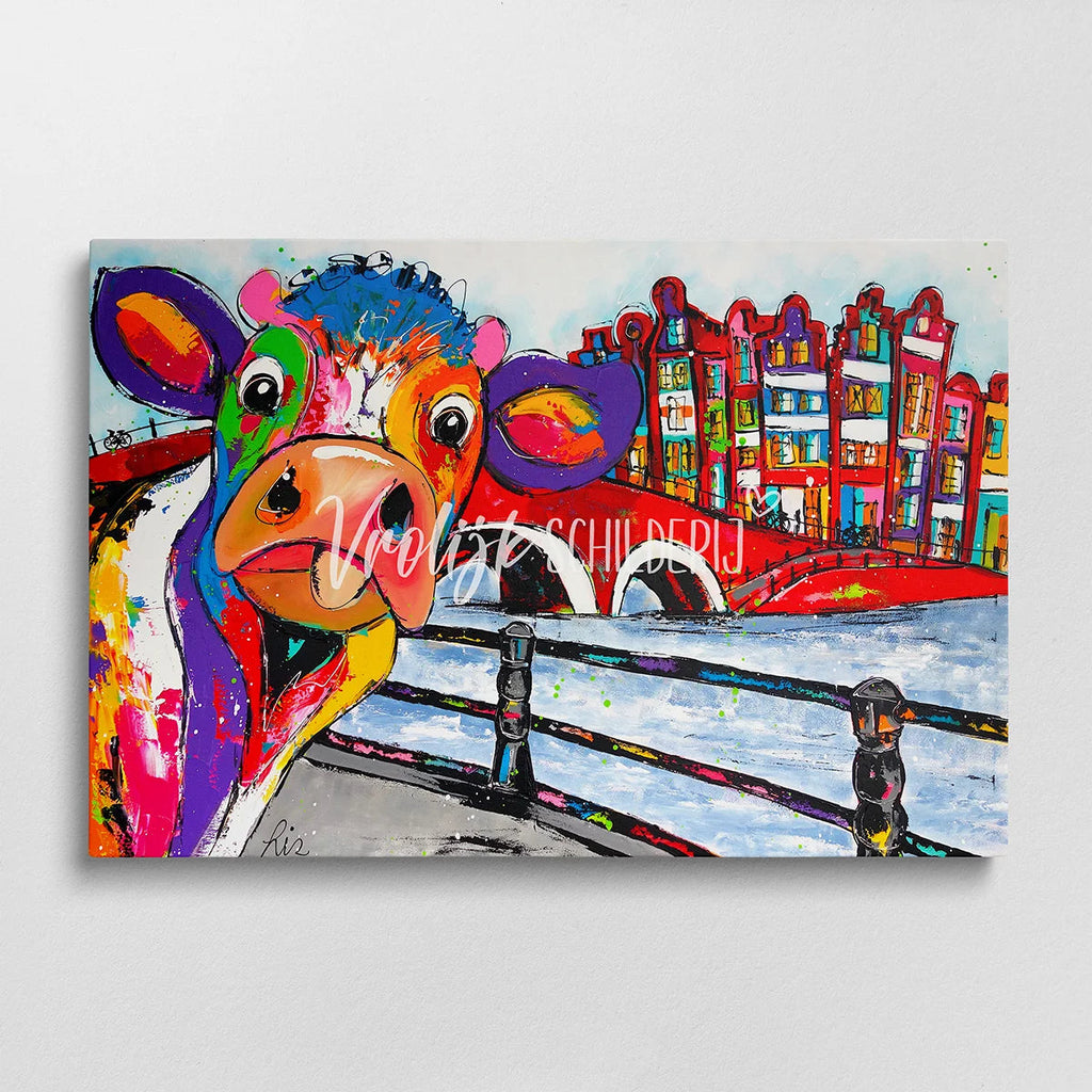 De koe in Amsterdam | Vrolijk Schilderij | Schilderen op nummer | Diamond painting | Dot painting