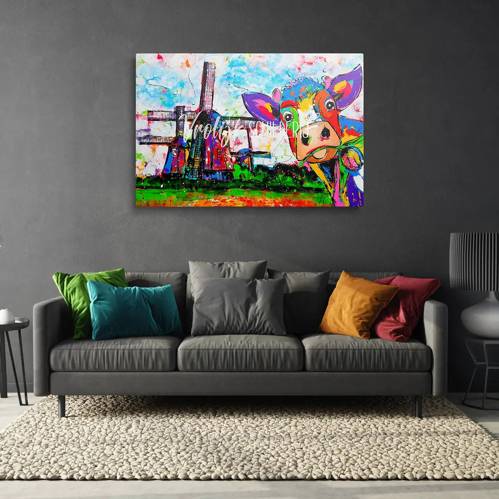 De koe in Hollands landschap | Vrolijk Schilderij | Schilderen op nummer | Diamond painting | Dot painting