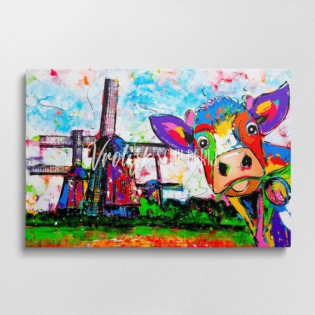 De koe in Hollands landschap | Vrolijk Schilderij | Schilderen op nummer | Diamond painting | Dot painting