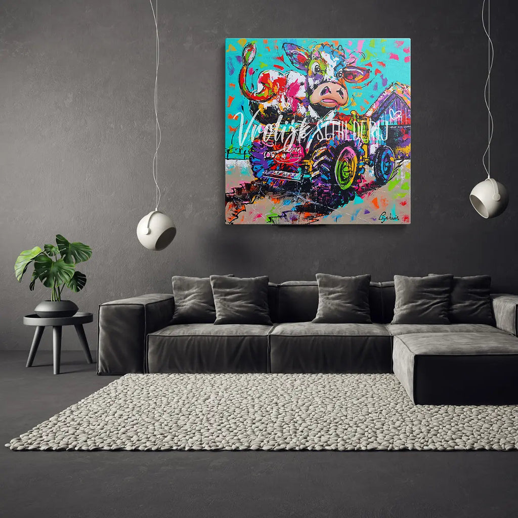 De koe op de trekker | Vrolijk Schilderij | Schilderen op nummer | Diamond painting | Dot painting