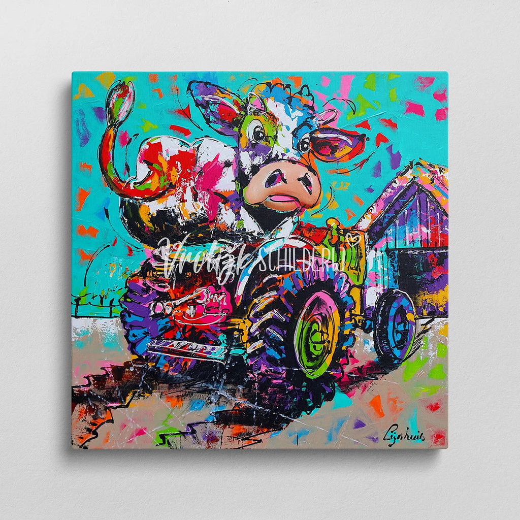 De koe op de trekker | Vrolijk Schilderij | Schilderen op nummer | Diamond painting | Dot painting