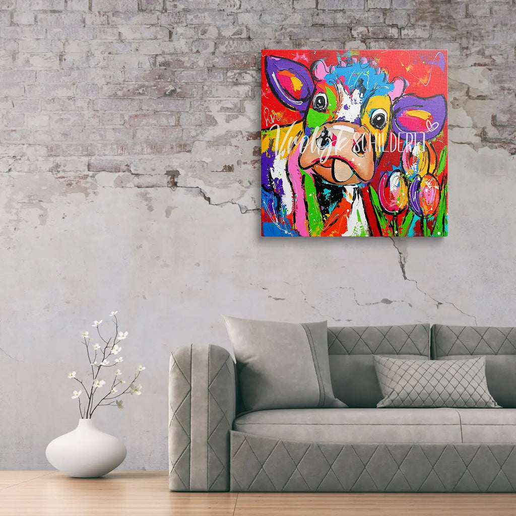 De maffe koe en tulpen | Vrolijk Schilderij | Schilderen op nummer | Diamond painting | Dot painting