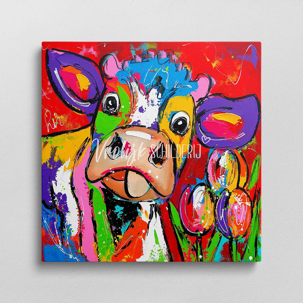 De maffe koe en tulpen | Vrolijk Schilderij | Schilderen op nummer | Diamond painting | Dot painting