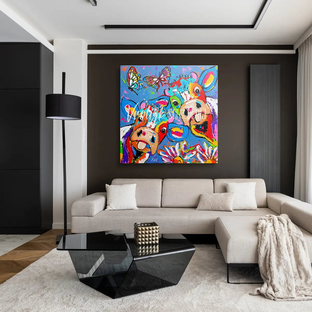 De maffe koe en vlinders | Vrolijk Schilderij | Schilderen op nummer | Diamond painting | Dot painting
