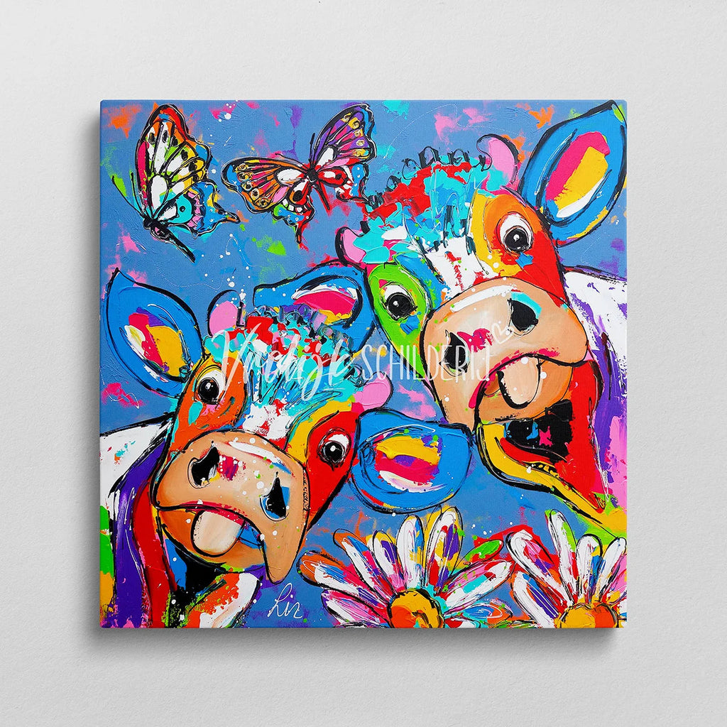 De maffe koe en vlinders | Vrolijk Schilderij | Schilderen op nummer | Diamond painting | Dot painting