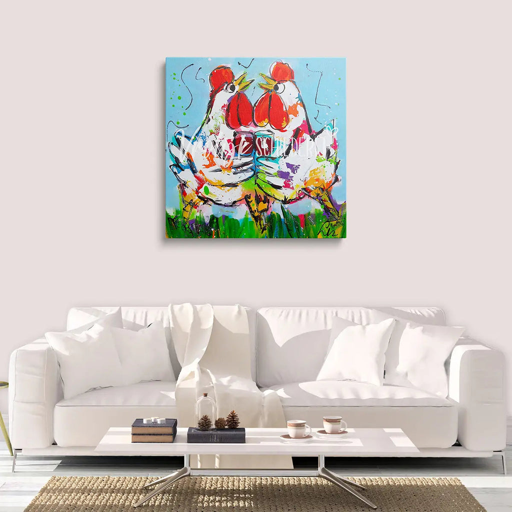 De prostende kippen | Vrolijk Schilderij | Schilderen op nummer | Diamond painting | Dot painting