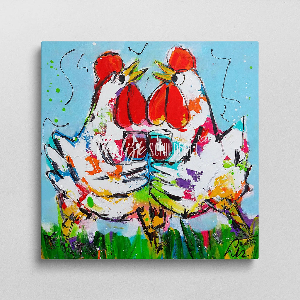 De prostende kippen | Vrolijk Schilderij | Schilderen op nummer | Diamond painting | Dot painting