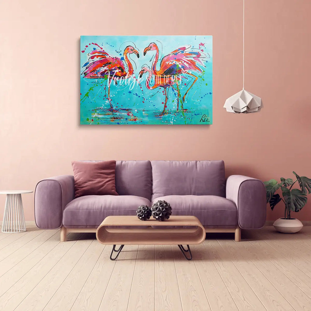 De vrolijke flamingo's | Vrolijk Schilderij | Schilderen op nummer | Diamond painting | Dot painting