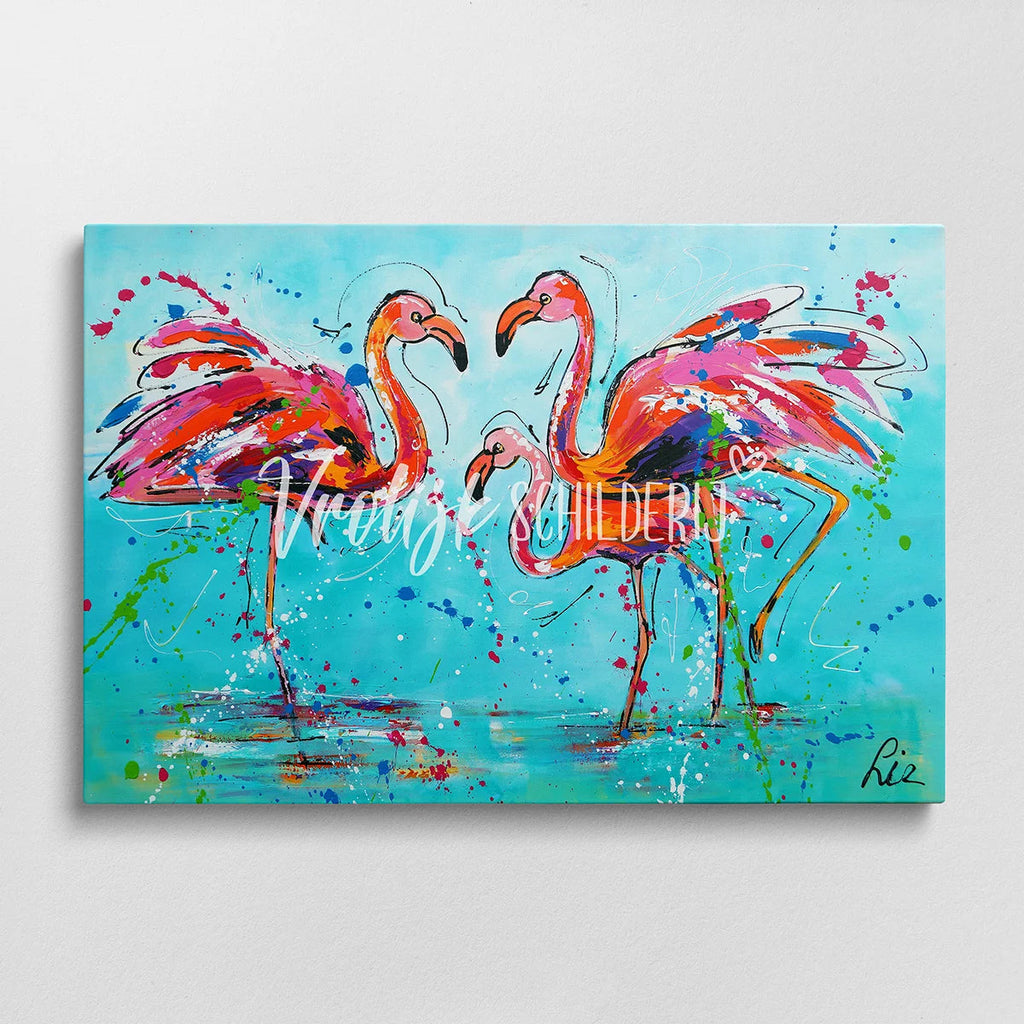 De vrolijke flamingo's | Vrolijk Schilderij | Schilderen op nummer | Diamond painting | Dot painting