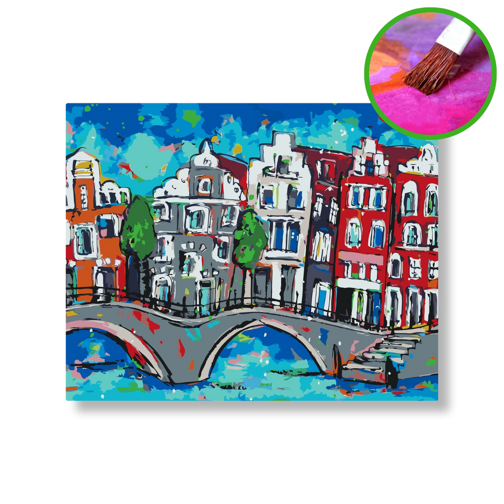 De vrolijke gracht | Schilderen op nummer | Vrolijk Schilderij | Schilderen op nummer | Diamond painting | Dot painting
