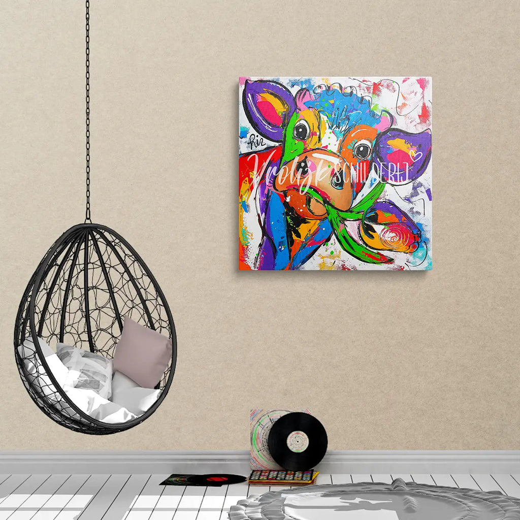 De vrolijke koe en tulpen | Vrolijk Schilderij | Schilderen op nummer | Diamond painting | Dot painting